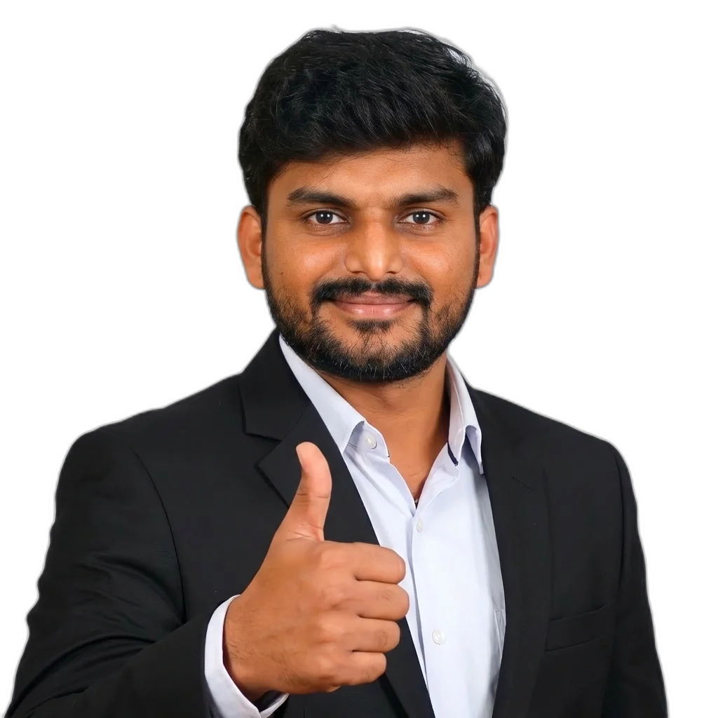 Creator Mahesh in black suit with thumbs up pose